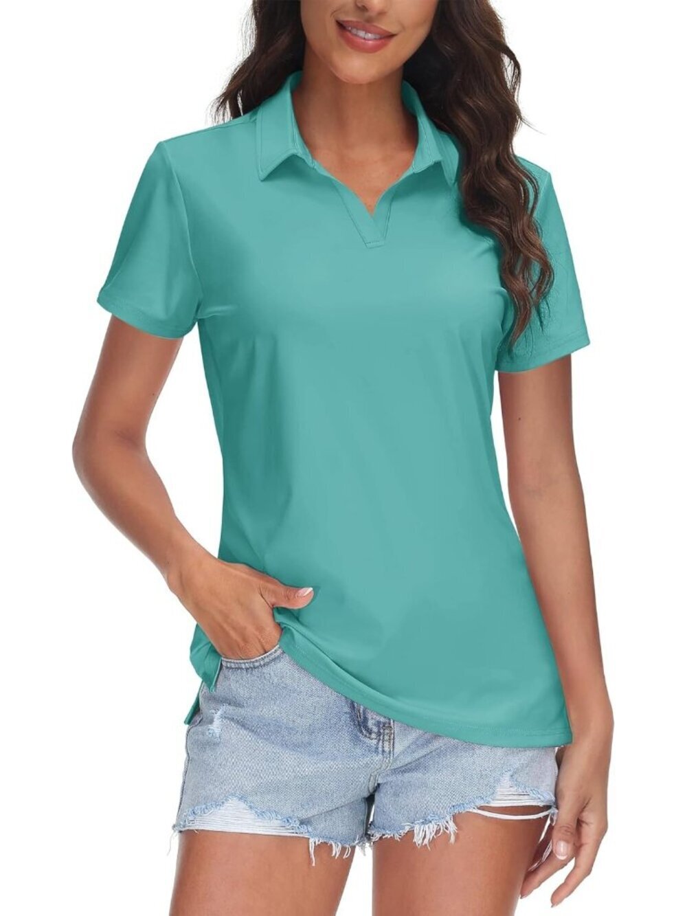 Women's 10-grey Green   V-Neck Polo Shirt UPF 50+ Quick Dry Sun Protection Top f